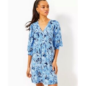 Lilly Pulitzer Cass Dress V Neck Dress Blue White Floral Print Size Small *FLAW*
